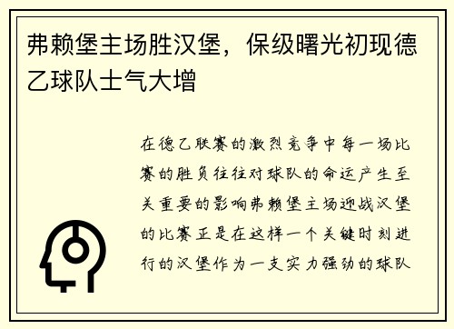 弗赖堡主场胜汉堡，保级曙光初现德乙球队士气大增