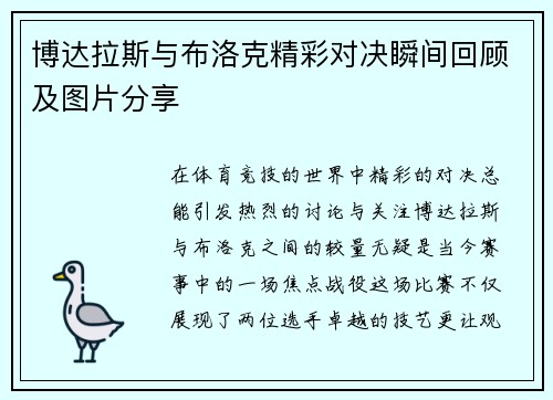 博达拉斯与布洛克精彩对决瞬间回顾及图片分享