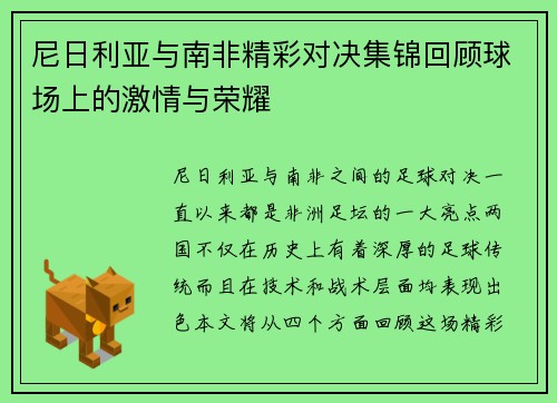 尼日利亚与南非精彩对决集锦回顾球场上的激情与荣耀