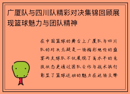 广厦队与四川队精彩对决集锦回顾展现篮球魅力与团队精神